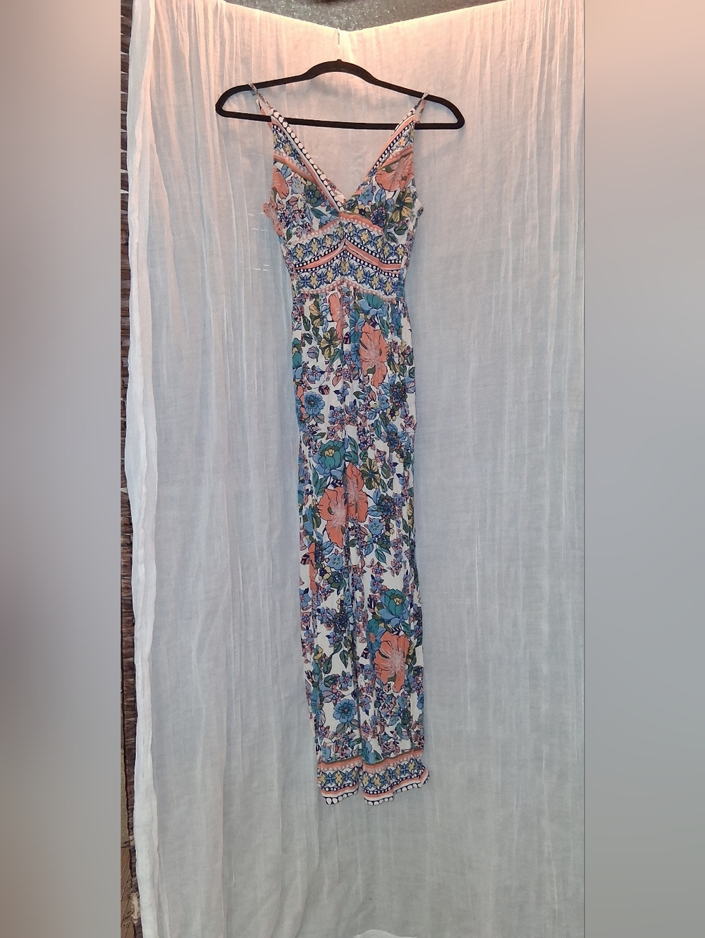 Angie Strappy Floral Romper in White, Coral & Teal